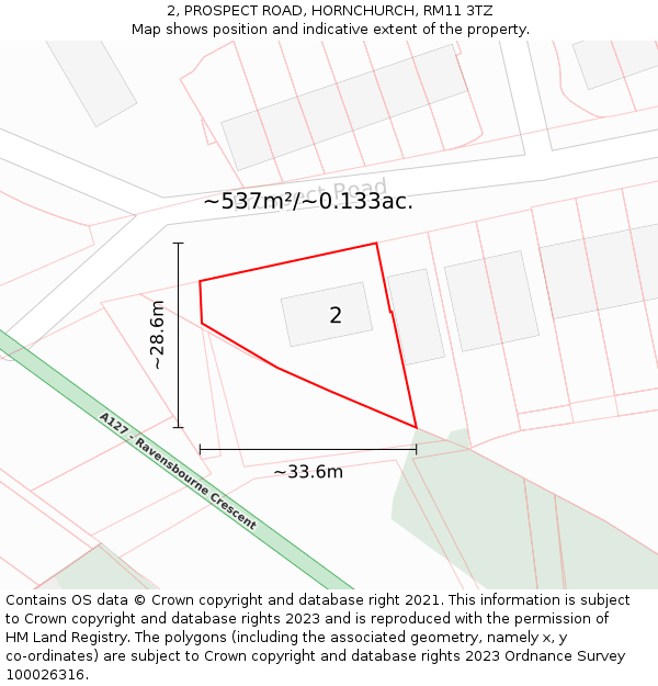 2, PROSPECT ROAD, HORNCHURCH, RM11 3TZ: Plot and title map