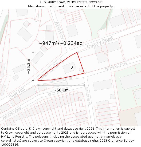 2, QUARRY ROAD, WINCHESTER, SO23 0JF: Plot and title map