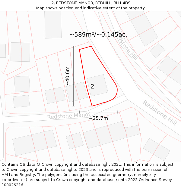 2, REDSTONE MANOR, REDHILL, RH1 4BS: Plot and title map