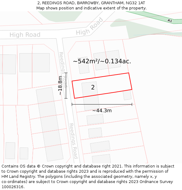 2, REEDINGS ROAD, BARROWBY, GRANTHAM, NG32 1AT: Plot and title map