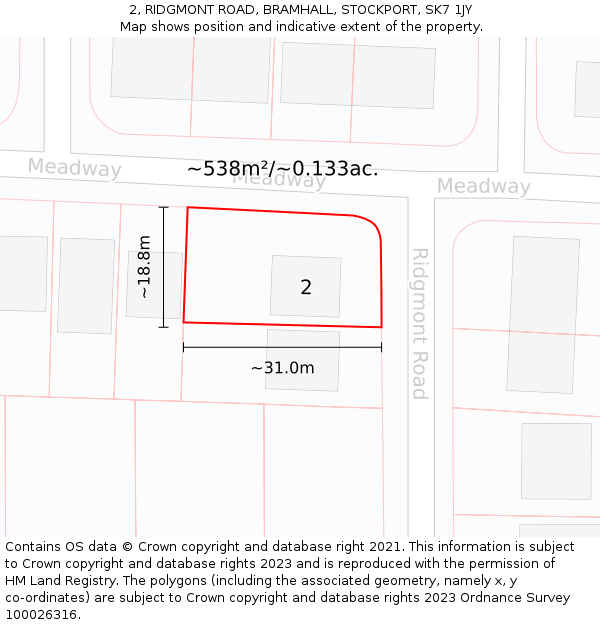 2, RIDGMONT ROAD, BRAMHALL, STOCKPORT, SK7 1JY: Plot and title map