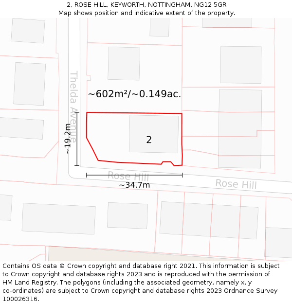 2, ROSE HILL, KEYWORTH, NOTTINGHAM, NG12 5GR: Plot and title map