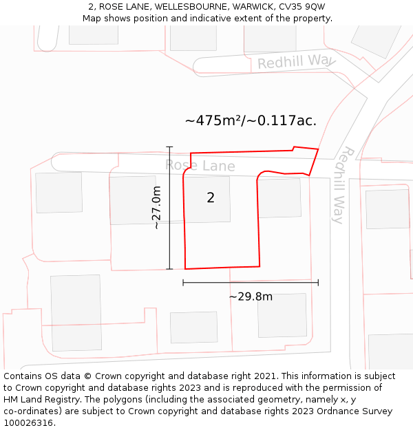 2, ROSE LANE, WELLESBOURNE, WARWICK, CV35 9QW: Plot and title map