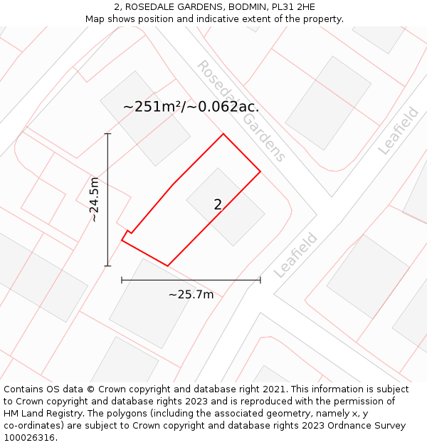 2, ROSEDALE GARDENS, BODMIN, PL31 2HE: Plot and title map