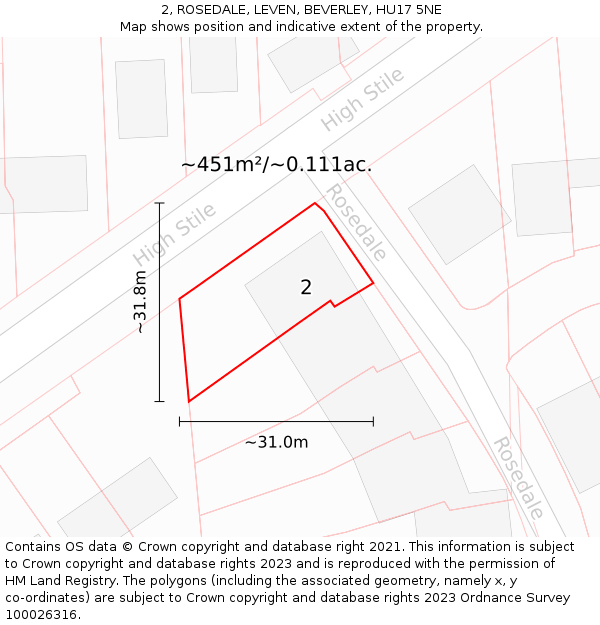 2, ROSEDALE, LEVEN, BEVERLEY, HU17 5NE: Plot and title map