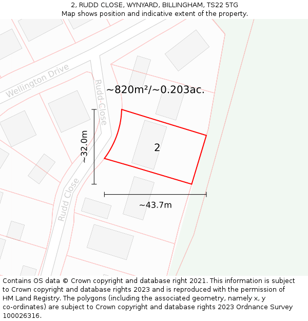 2, RUDD CLOSE, WYNYARD, BILLINGHAM, TS22 5TG: Plot and title map