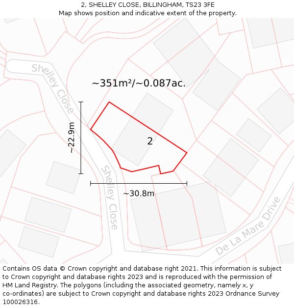 2, SHELLEY CLOSE, BILLINGHAM, TS23 3FE: Plot and title map