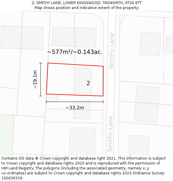 2, SMITHY LANE, LOWER KINGSWOOD, TADWORTH, KT20 6TT: Plot and title map