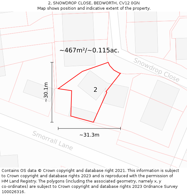 2, SNOWDROP CLOSE, BEDWORTH, CV12 0GN: Plot and title map