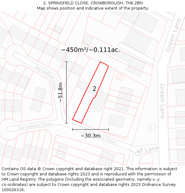 2, SPRINGFIELD CLOSE, CROWBOROUGH, TN6 2BN: Plot and title map