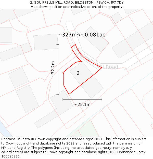 2, SQUIRRELLS MILL ROAD, BILDESTON, IPSWICH, IP7 7DY: Plot and title map