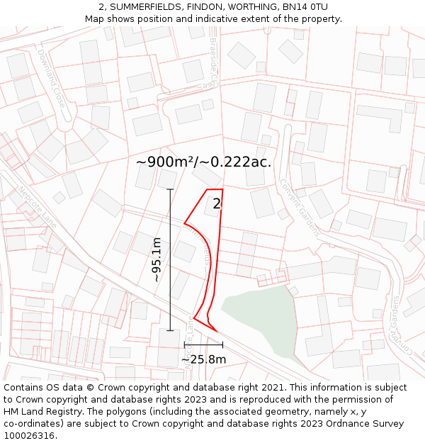 2, SUMMERFIELDS, FINDON, WORTHING, BN14 0TU: Plot and title map