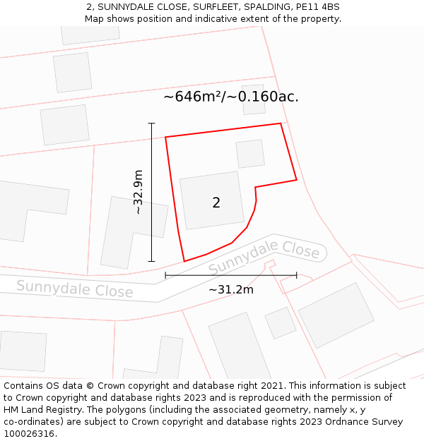 2, SUNNYDALE CLOSE, SURFLEET, SPALDING, PE11 4BS: Plot and title map