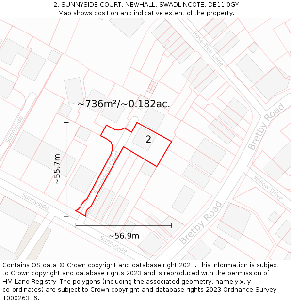 2, SUNNYSIDE COURT, NEWHALL, SWADLINCOTE, DE11 0GY: Plot and title map