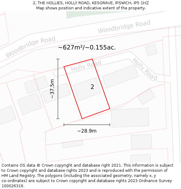 2, THE HOLLIES, HOLLY ROAD, KESGRAVE, IPSWICH, IP5 1HZ: Plot and title map