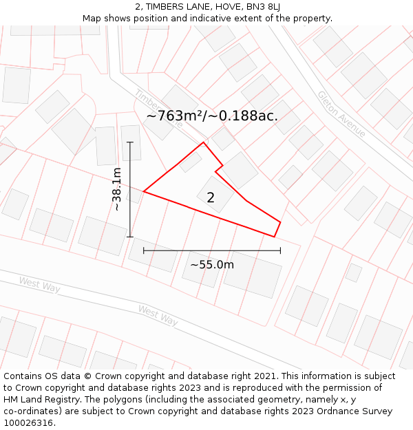 2, TIMBERS LANE, HOVE, BN3 8LJ: Plot and title map