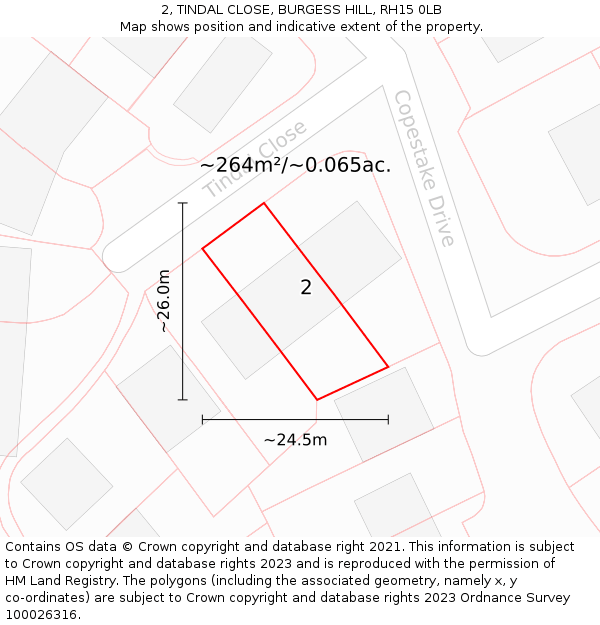 2, TINDAL CLOSE, BURGESS HILL, RH15 0LB: Plot and title map