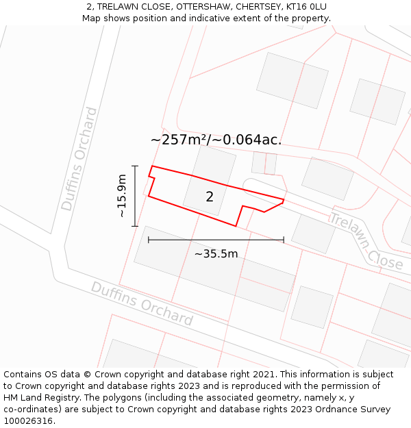 2, TRELAWN CLOSE, OTTERSHAW, CHERTSEY, KT16 0LU: Plot and title map