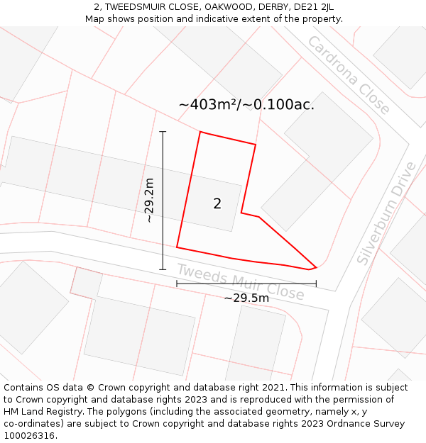 2, TWEEDSMUIR CLOSE, OAKWOOD, DERBY, DE21 2JL: Plot and title map