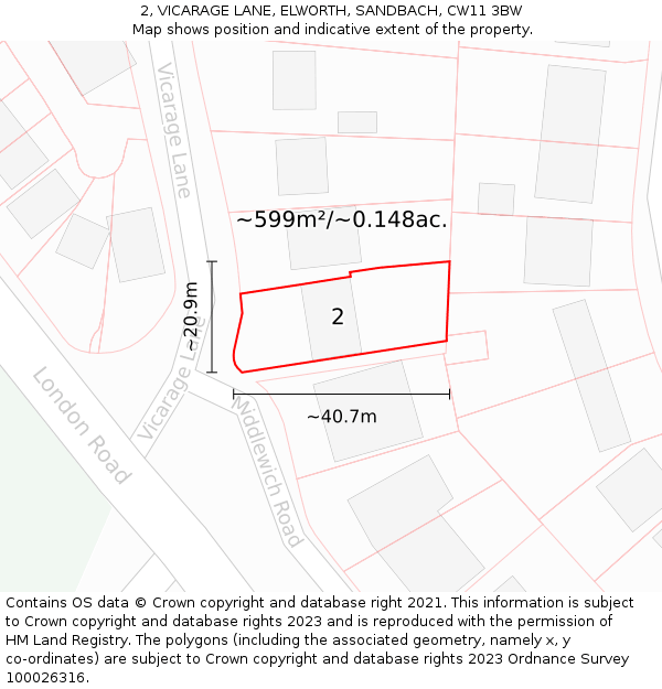 2, VICARAGE LANE, ELWORTH, SANDBACH, CW11 3BW: Plot and title map