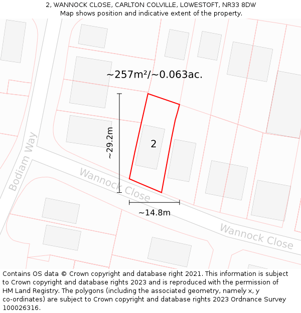 2, WANNOCK CLOSE, CARLTON COLVILLE, LOWESTOFT, NR33 8DW: Plot and title map