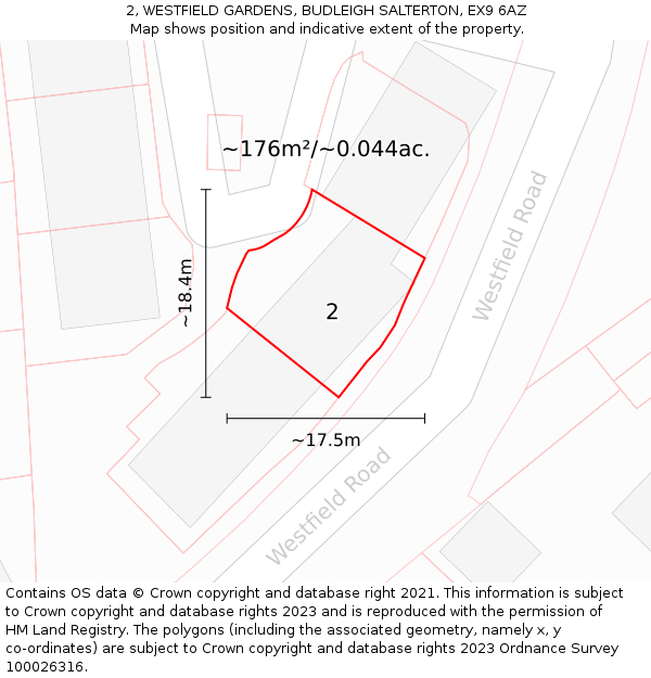 2, WESTFIELD GARDENS, BUDLEIGH SALTERTON, EX9 6AZ: Plot and title map