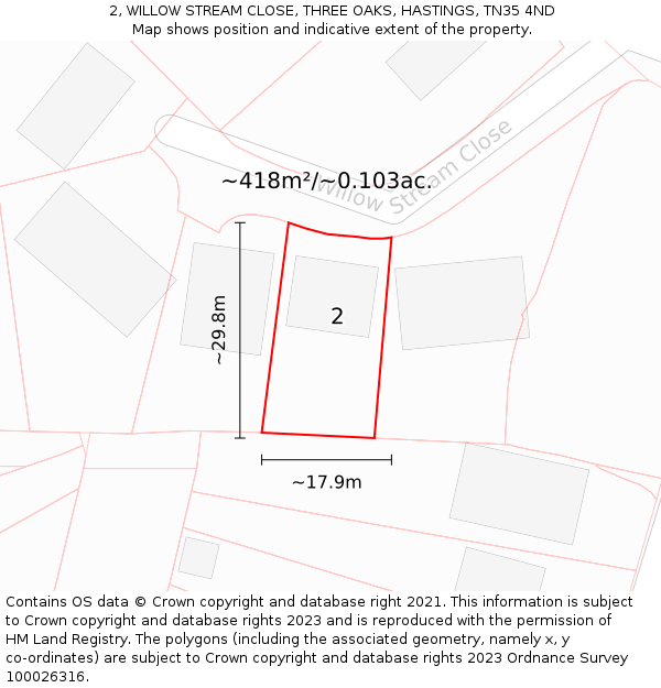 2, WILLOW STREAM CLOSE, THREE OAKS, HASTINGS, TN35 4ND: Plot and title map