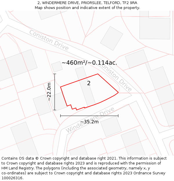 2, WINDERMERE DRIVE, PRIORSLEE, TELFORD, TF2 9RA: Plot and title map