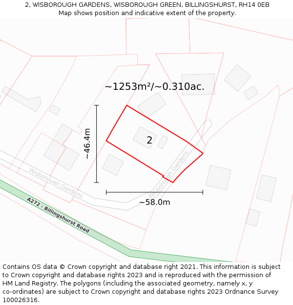 2, WISBOROUGH GARDENS, WISBOROUGH GREEN, BILLINGSHURST, RH14 0EB: Plot and title map