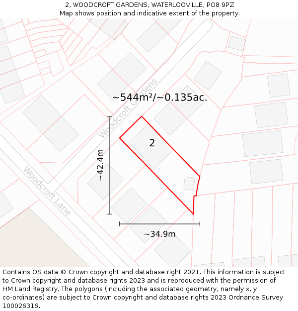 2, WOODCROFT GARDENS, WATERLOOVILLE, PO8 9PZ: Plot and title map