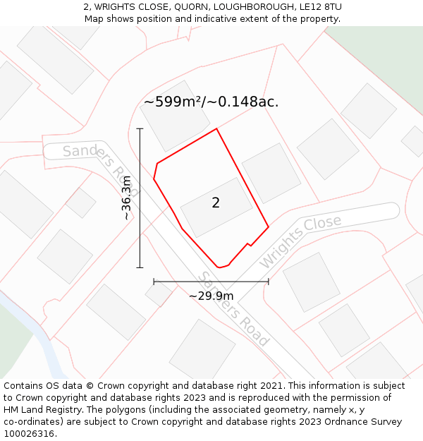 2, WRIGHTS CLOSE, QUORN, LOUGHBOROUGH, LE12 8TU: Plot and title map