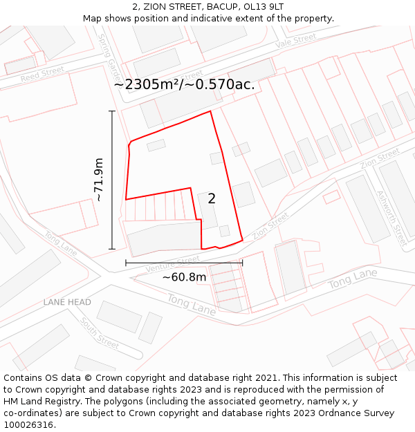 2, ZION STREET, BACUP, OL13 9LT: Plot and title map