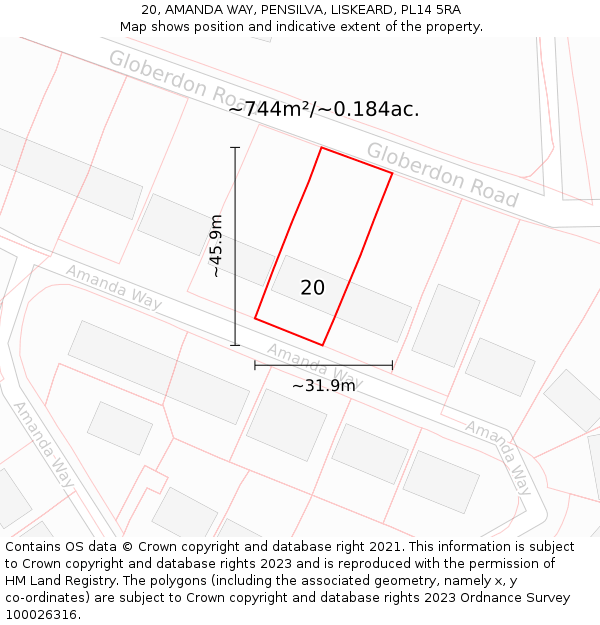 20, AMANDA WAY, PENSILVA, LISKEARD, PL14 5RA: Plot and title map