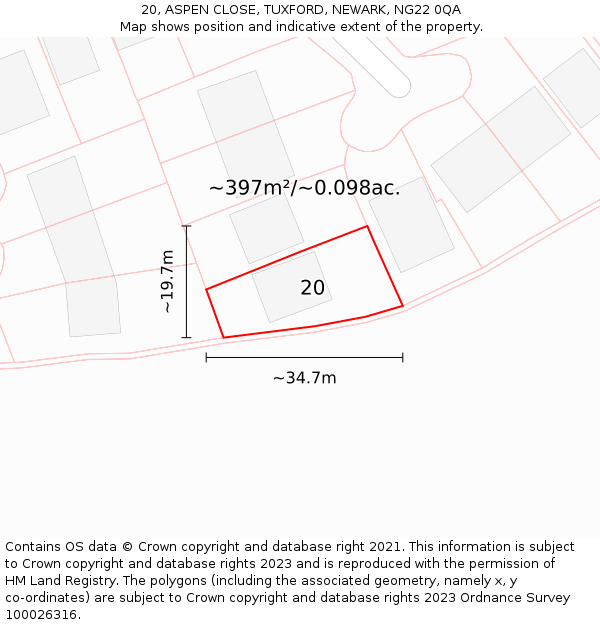 20, ASPEN CLOSE, TUXFORD, NEWARK, NG22 0QA: Plot and title map