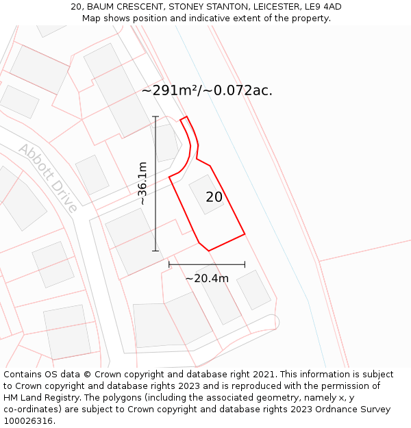 20, BAUM CRESCENT, STONEY STANTON, LEICESTER, LE9 4AD: Plot and title map