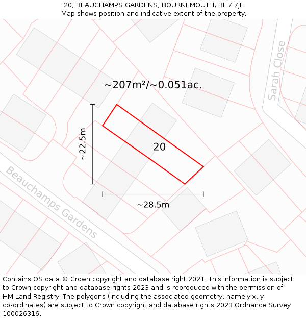 20, BEAUCHAMPS GARDENS, BOURNEMOUTH, BH7 7JE: Plot and title map