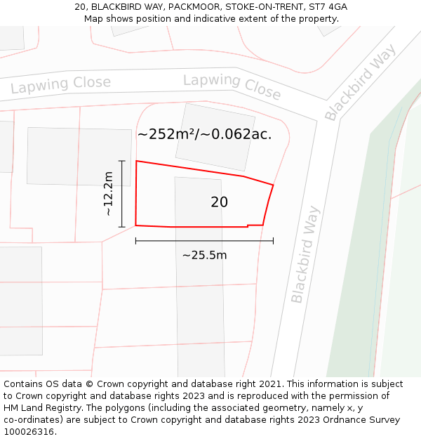 20, BLACKBIRD WAY, PACKMOOR, STOKE-ON-TRENT, ST7 4GA: Plot and title map