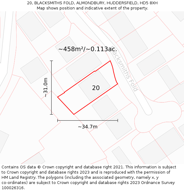 20, BLACKSMITHS FOLD, ALMONDBURY, HUDDERSFIELD, HD5 8XH: Plot and title map