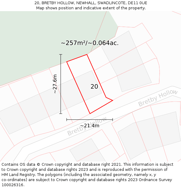 20, BRETBY HOLLOW, NEWHALL, SWADLINCOTE, DE11 0UE: Plot and title map