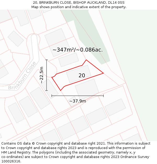 20, BRINKBURN CLOSE, BISHOP AUCKLAND, DL14 0SS: Plot and title map