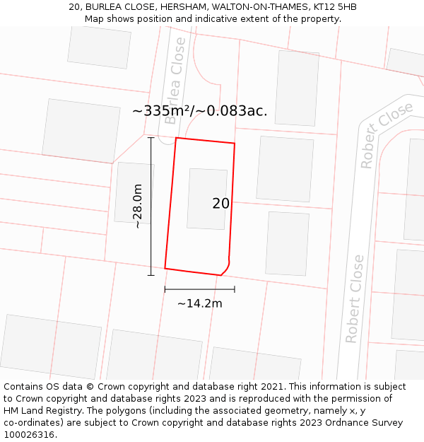 20, BURLEA CLOSE, HERSHAM, WALTON-ON-THAMES, KT12 5HB: Plot and title map