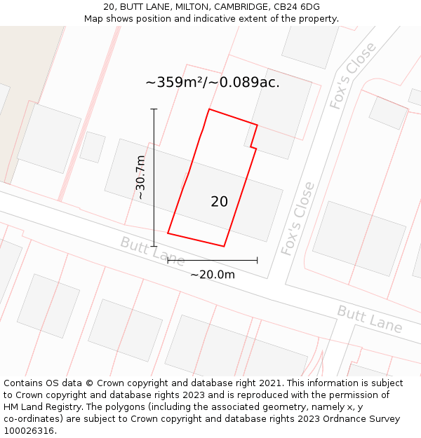 20, BUTT LANE, MILTON, CAMBRIDGE, CB24 6DG: Plot and title map