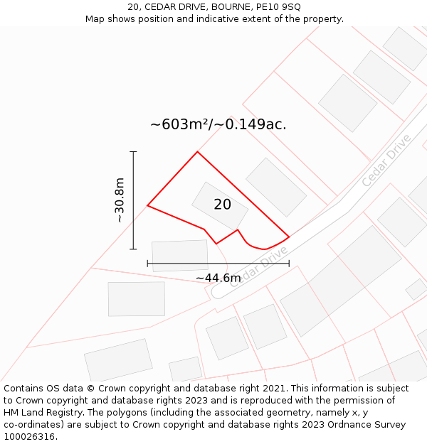 20, CEDAR DRIVE, BOURNE, PE10 9SQ: Plot and title map