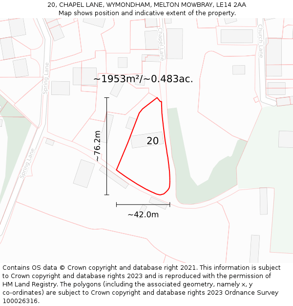 20, CHAPEL LANE, WYMONDHAM, MELTON MOWBRAY, LE14 2AA: Plot and title map