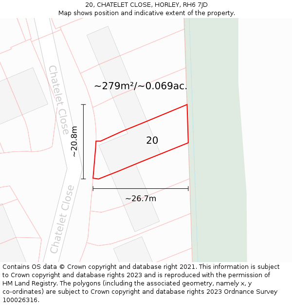 20, CHATELET CLOSE, HORLEY, RH6 7JD: Plot and title map