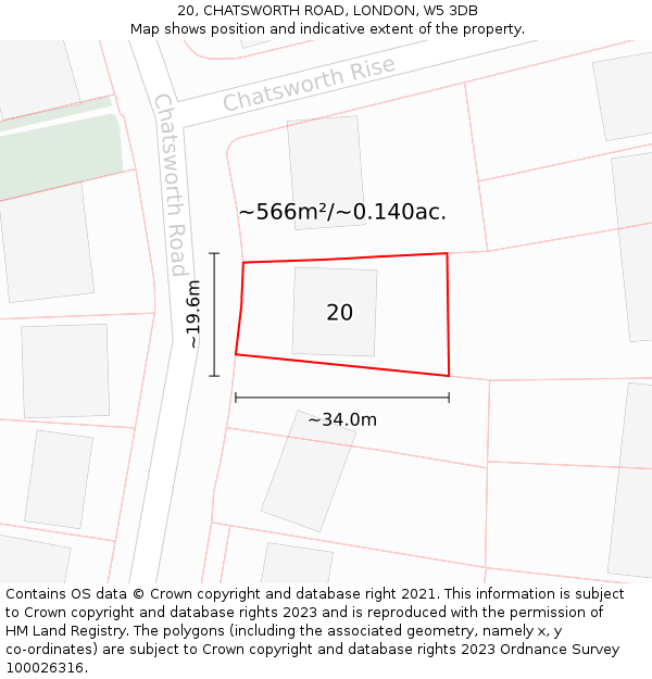 20, CHATSWORTH ROAD, LONDON, W5 3DB: Plot and title map