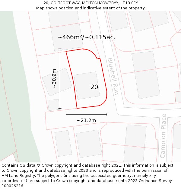 20, COLTFOOT WAY, MELTON MOWBRAY, LE13 0FY: Plot and title map