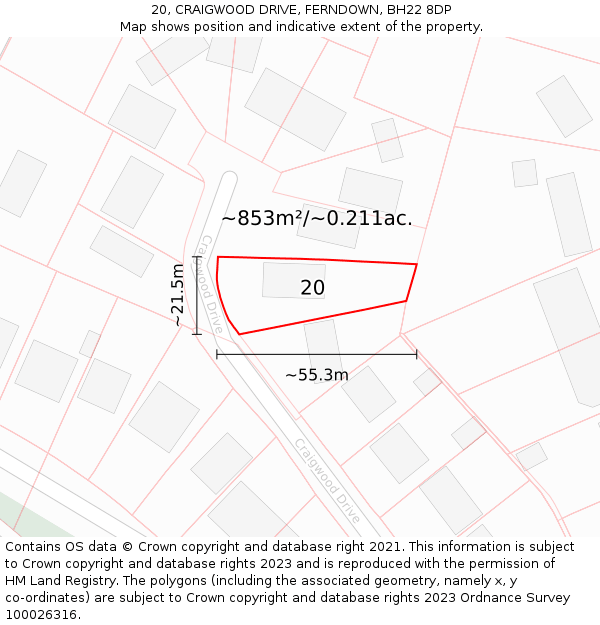 20, CRAIGWOOD DRIVE, FERNDOWN, BH22 8DP: Plot and title map