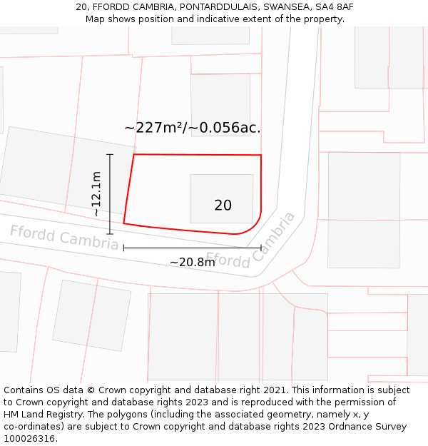 20, FFORDD CAMBRIA, PONTARDDULAIS, SWANSEA, SA4 8AF: Plot and title map