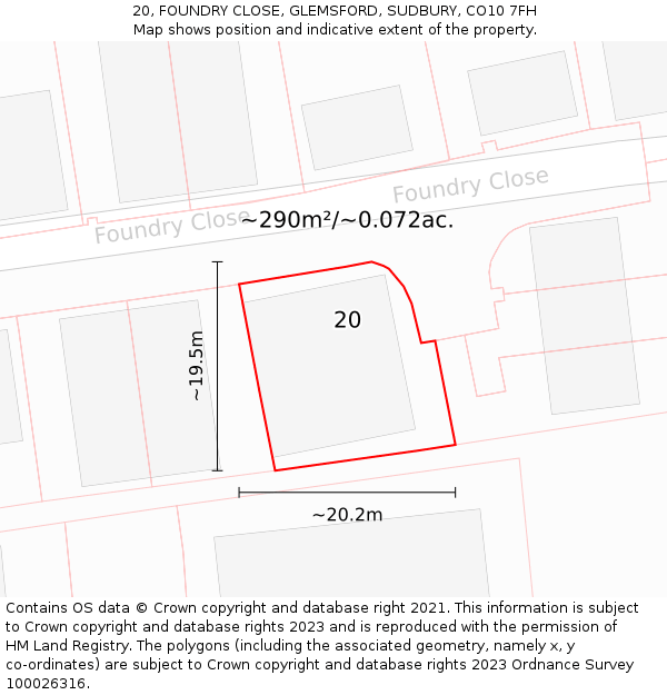 20, FOUNDRY CLOSE, GLEMSFORD, SUDBURY, CO10 7FH: Plot and title map